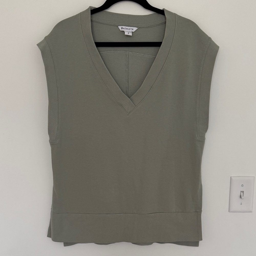 Athleta Retro Terry V-Neck Sleeveless Sweatshirt, Green - Size S Petite